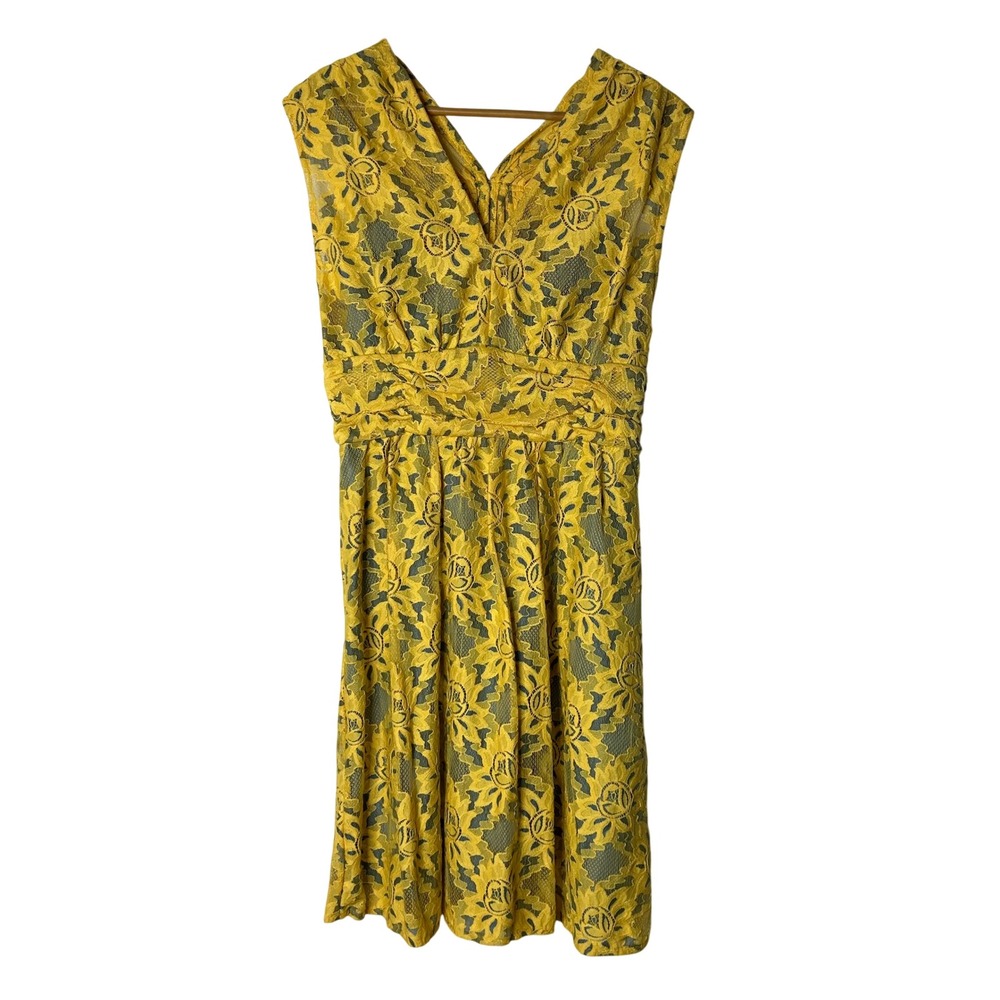 Plenty by Tracy Reese Dress Size 10 Yellow Floral Lace Blue Lining V-Neck Flare